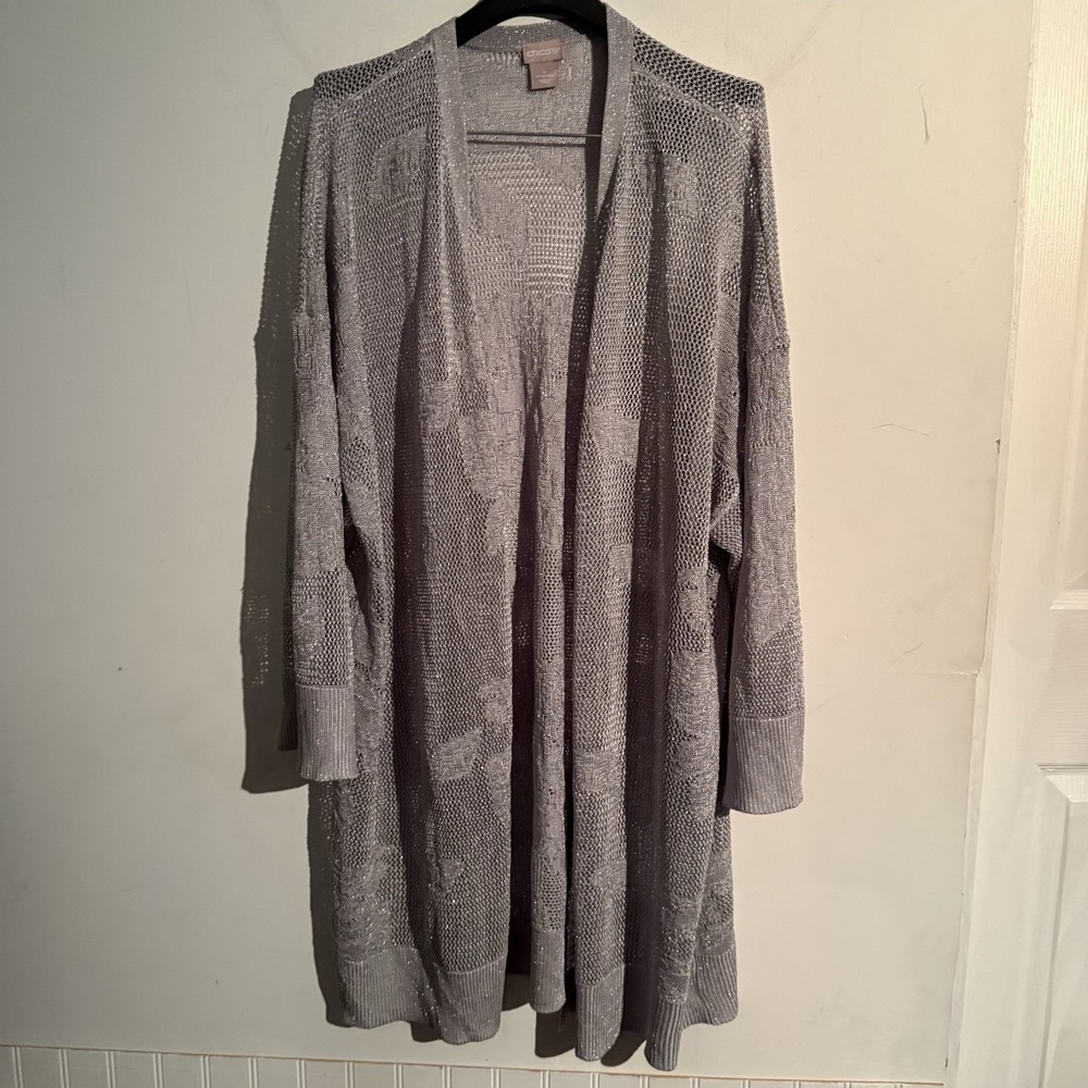 Chicos Size 4 XXL Shimmer Open Knit Cardigan Layering Elegant Coastal